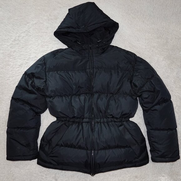 Women Small Black Down Hooded Puffer Winter Coat, Adjustable Waist, Like New - Picture 1 of 3